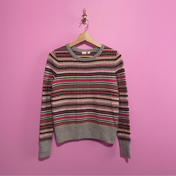 GAP Fair Isle Wool Blend Sweater Small Grey Multicolor Stripe - Picture 2 of 8